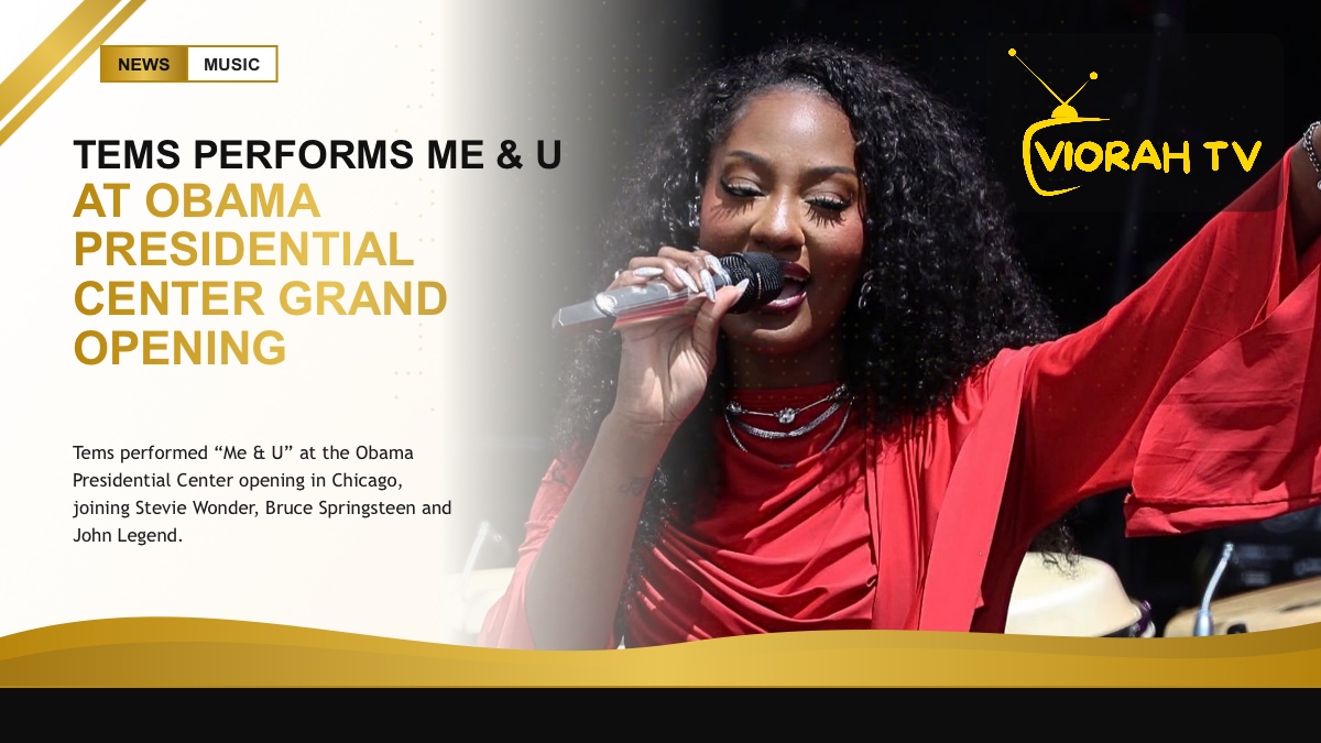 Nigerian singer Tems performs in a crimson gown at the Obama Presidential Center opening
