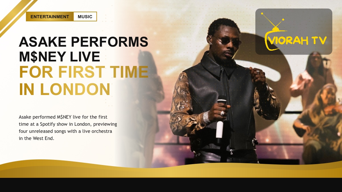 Afrobeats artist performing on stage with an orchestra, illustrating Asake M$NEY London show