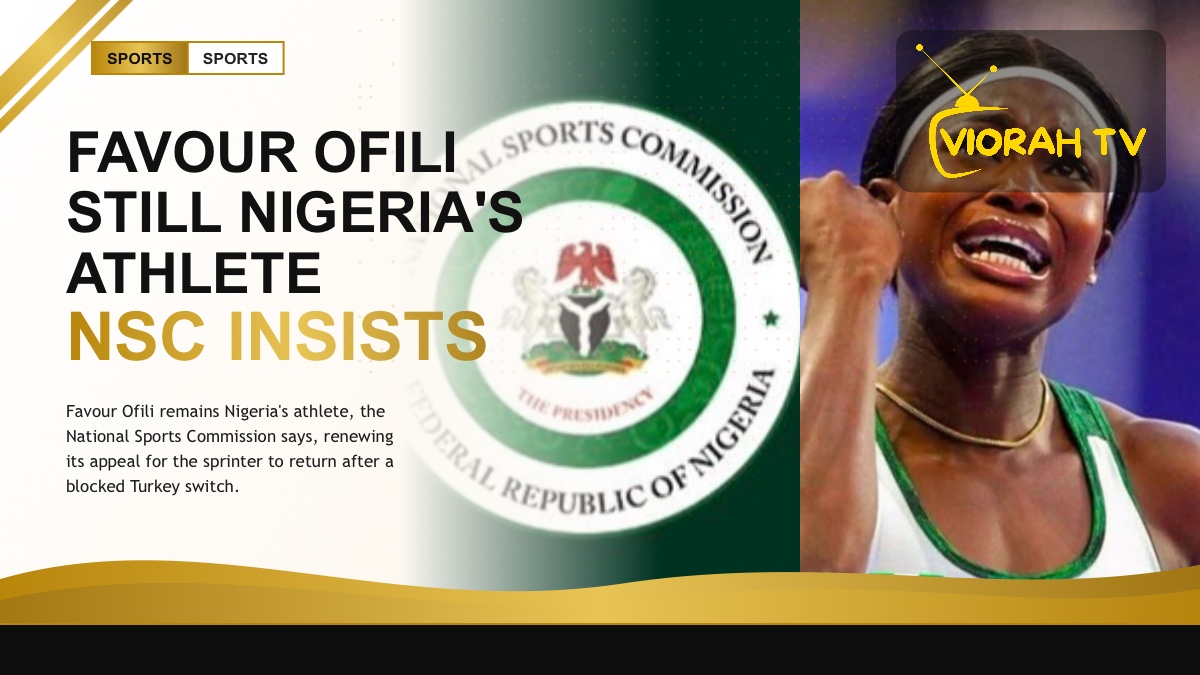 Sprinter Favour Ofili of Nigeria racing on an athletics track