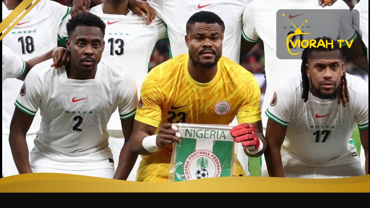 The Super Eagles, Nigeria's national football team, in their green and white kit during an international match