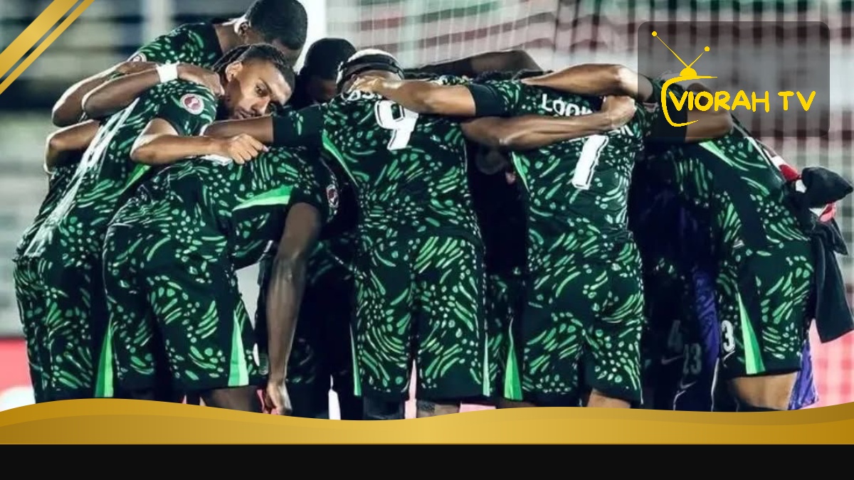 The Super Eagles, Nigeria's national football team, in their green and white kit during an international match