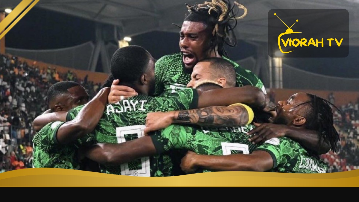 The Super Eagles, Nigeria's national football team, in their green and white kit during an international match